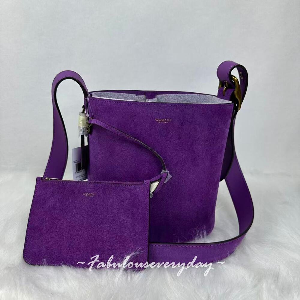Coach Bleeker Bucket Bag 21 Crossbody in Suede/Brass/Violet CCW84 + Pouch NWT